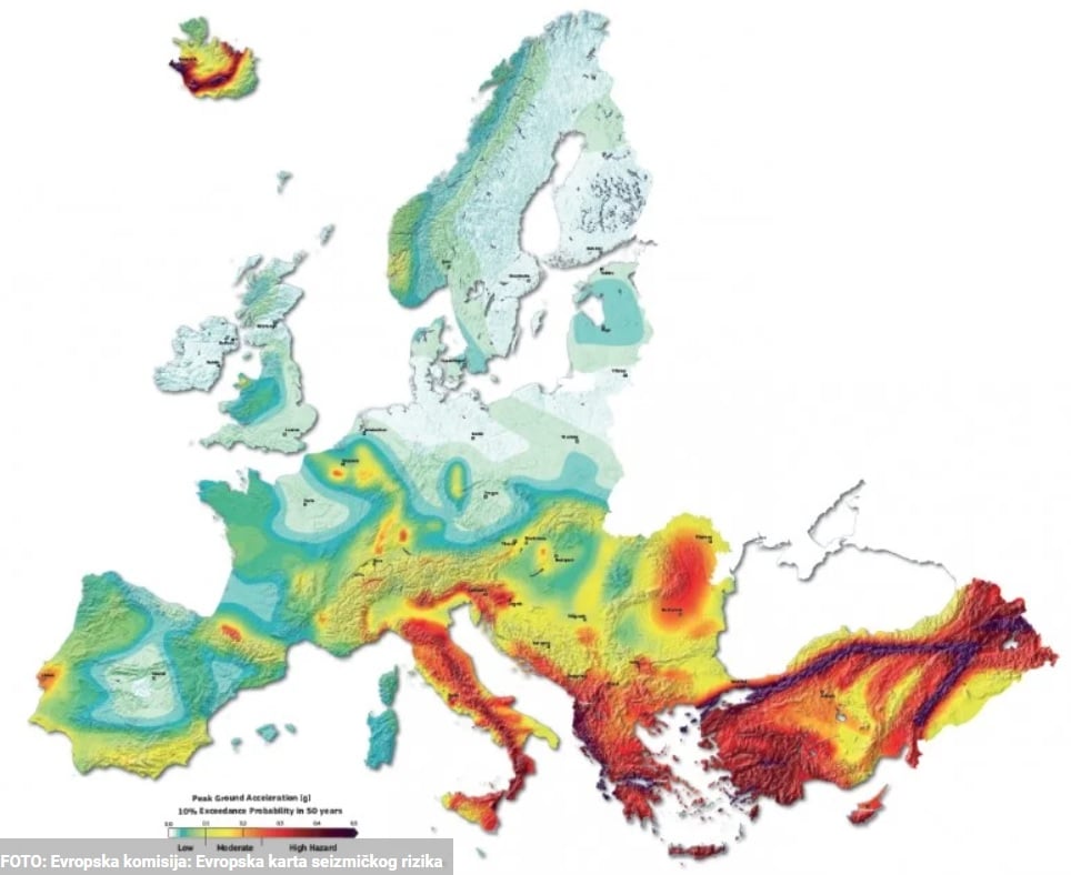 eu objavila kartu na kojoj su mogući jaki potresi, na njoj je i bosna i hercegovina