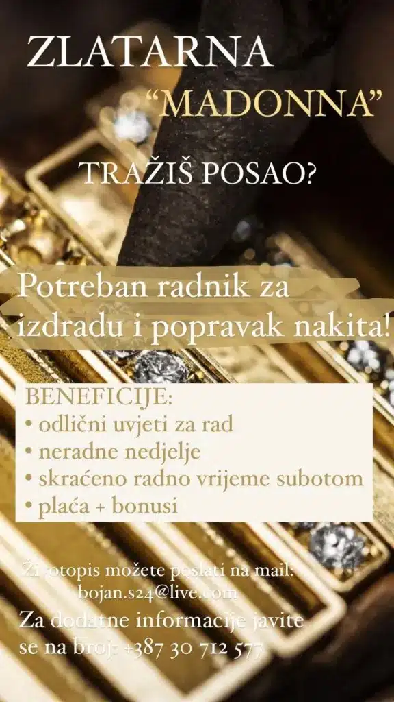 Zlatarna Madonna prima radnika za izradu i popravak nakita