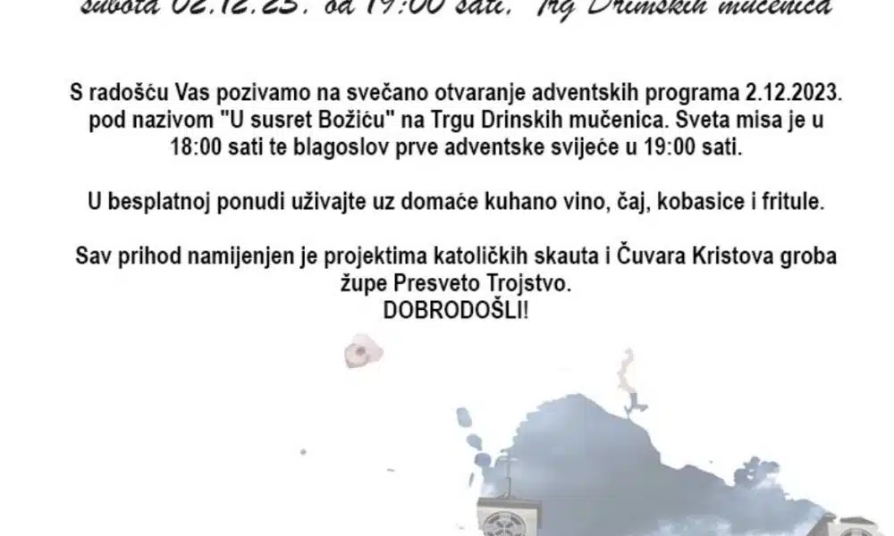 NOVI TRAVNIK: U subotu 2.prosinca “U susret Božiću” na trgu Drinskih mučenica