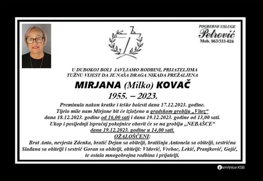 POČIVALA U MIRU BOŽJEM: Preminula Mirjana Kovač, posljednji ispraćaj u utorak