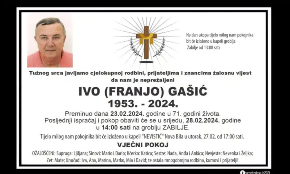POČIVAO U MIRU BOŽJEM: Preminuo Ivo Gašić, posljednji ispraćaj u srijedu na groblju Zabilje