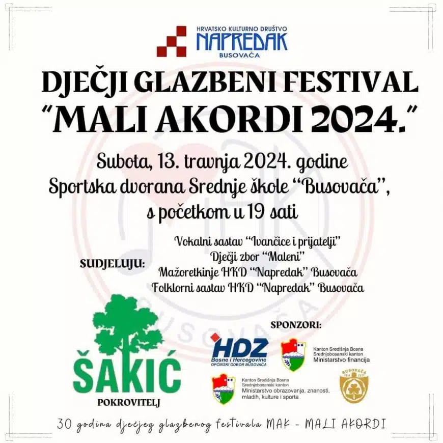 BUSOVAČA: U subotu 26. dječji festival MAK – Mali akordi