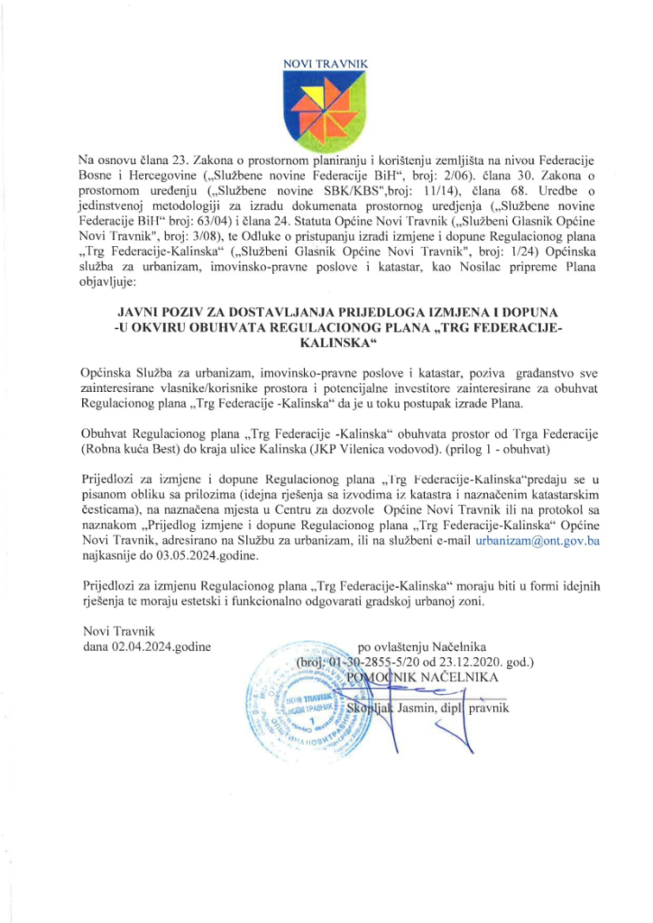 Javni poziv za dostavljanja prijedloga regulacijskog plana “Trg Federacije Kalinska”