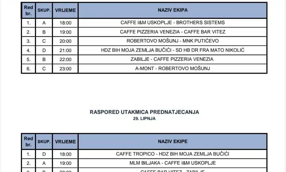 Raspored utakmica Memorijalnog turnira u čast „Fra Franje Grebenara“