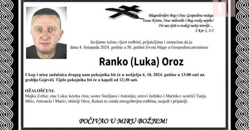 Sutra će biti održana sahrana Ranka Oroza, stradalog u poplavama u Fojnici.