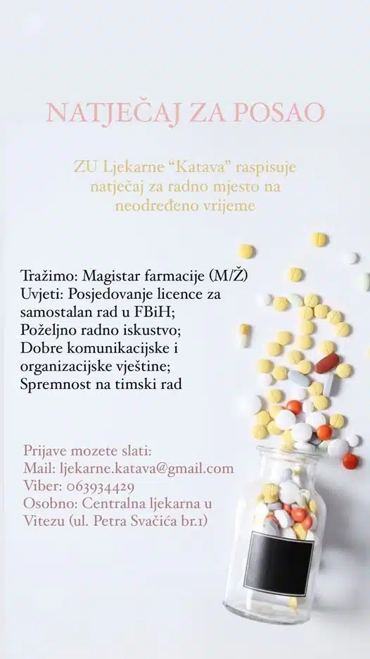 “Ljekarne Katava” Vitez: Potreban magistar farmacije (M/Ž)