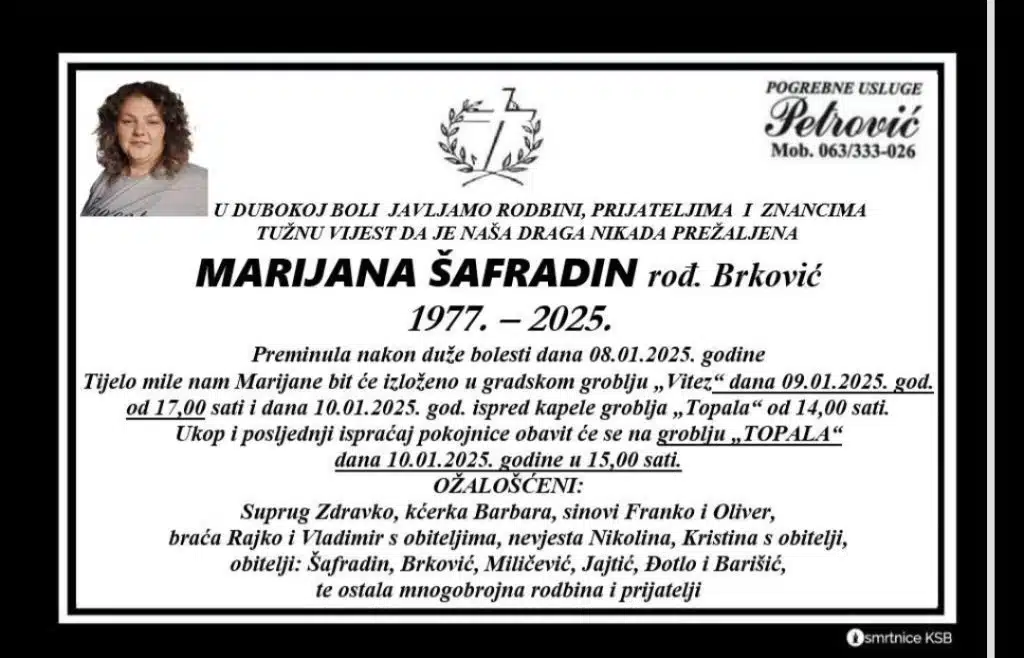 Vitez: U 48. godini života preminula Marijana Šafradin