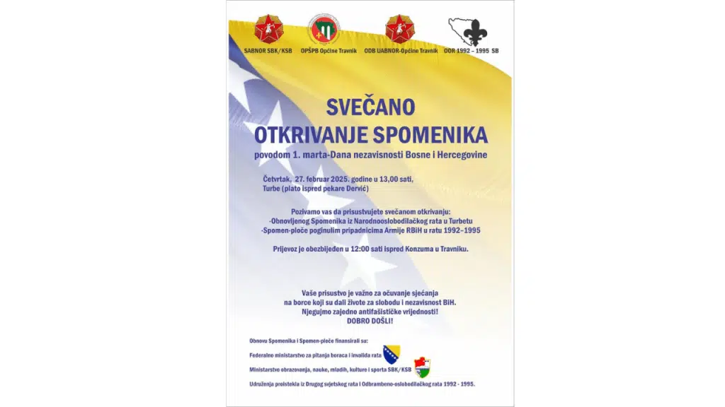 Svečano otkrivanje spomenika u Turbetu povodom Dana nezavisnosti BiH