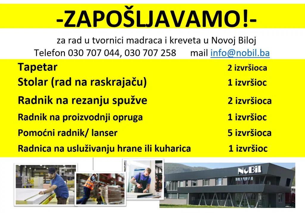 Nobil zapošljava: Otvorene pozicije u tvornici madraca i kreveta u Novoj Biloj
