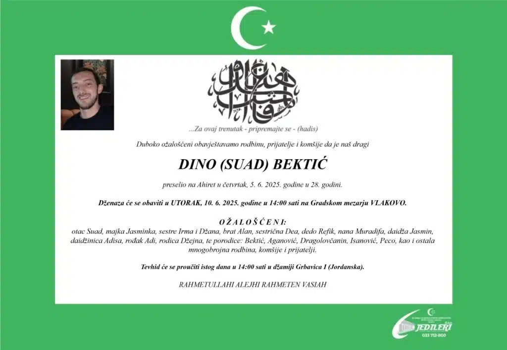 Poznat termin dženaze Dini Bektiću, mladiću koji je pod nerazjašnjenim okolnostima napadnut na Grbavici